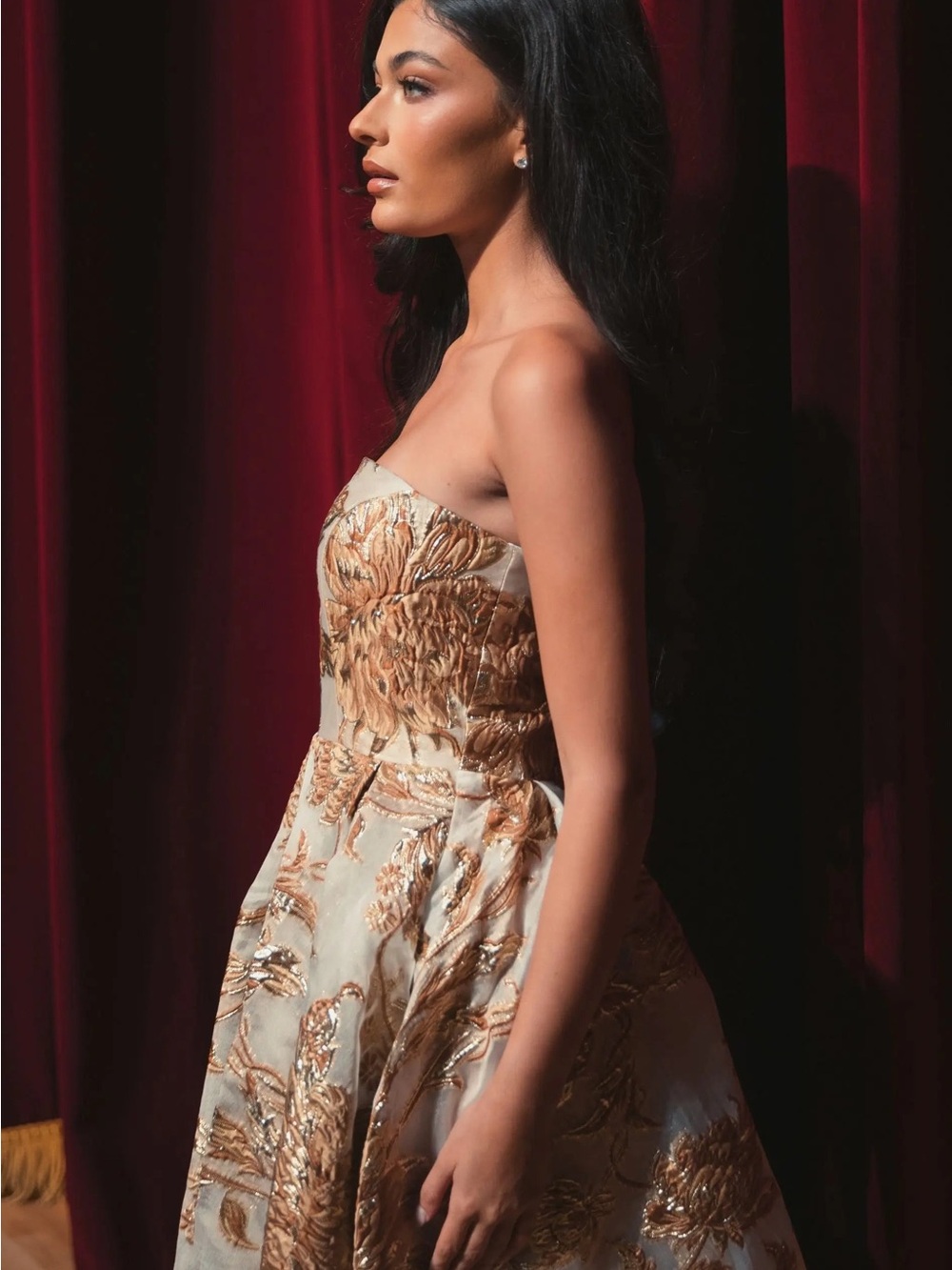 Mac Duggal 20716 Gold Strapless Brocade Midi Dress with Pockets Size 12 NWT - Picture 6 of 13